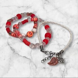 Handmade Bracelet Stack Leather & Stretch Polymer Clay Heishi Bead Bright Coral